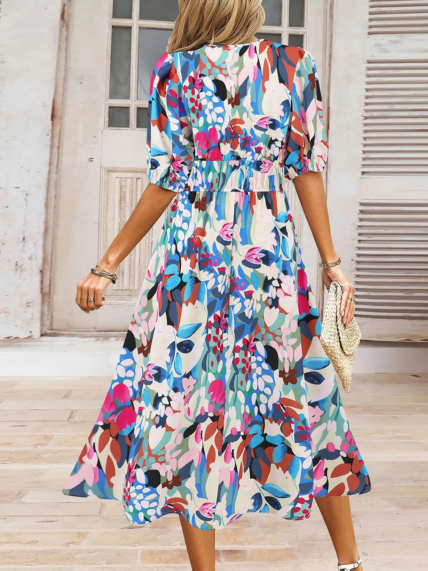 Casual V Neck Puff Sleeve Floral Midi A-Line Dress sold by Allegra K product image thumbnail 3