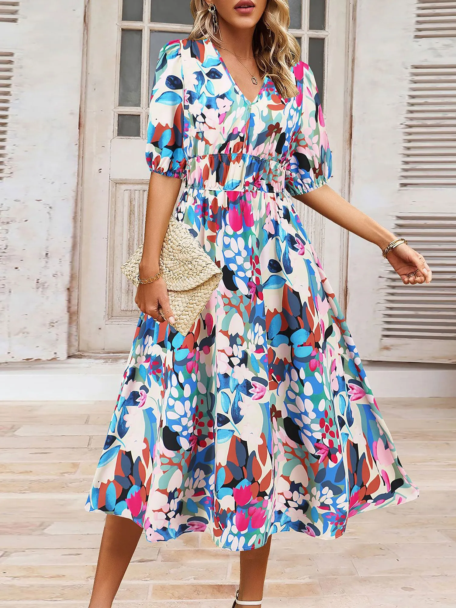 Casual V Neck Puff Sleeve Floral Midi A-Line Dress sold by Allegra K product image thumbnail 2