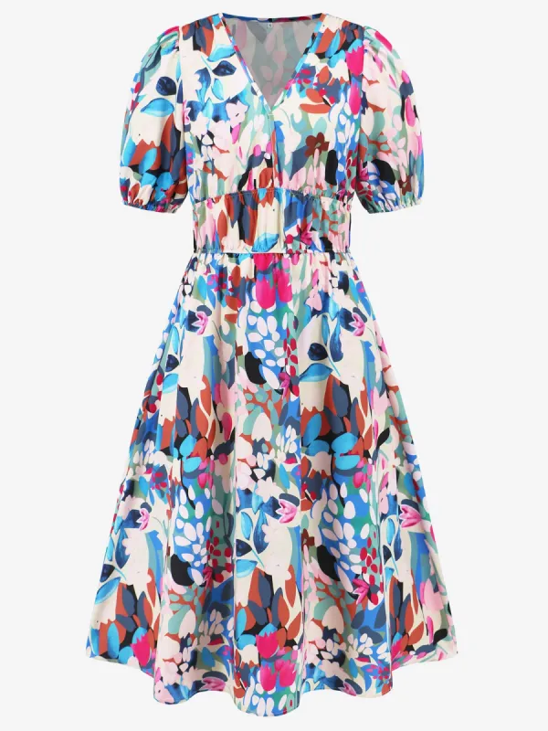 Casual V Neck Puff Sleeve Floral Midi A-Line Dress sold by Allegra K