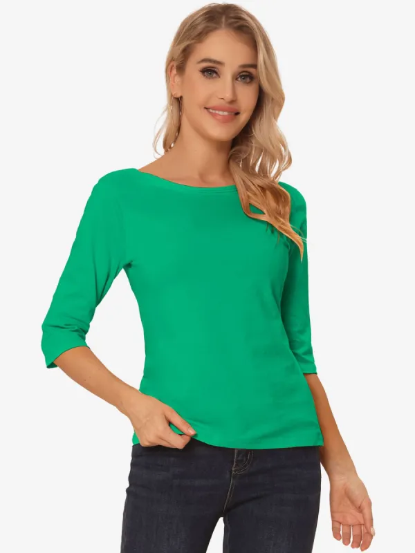 Casual Basic Boat Neck 3/4 Sleeve Solid T-shirt sold by Allegra K