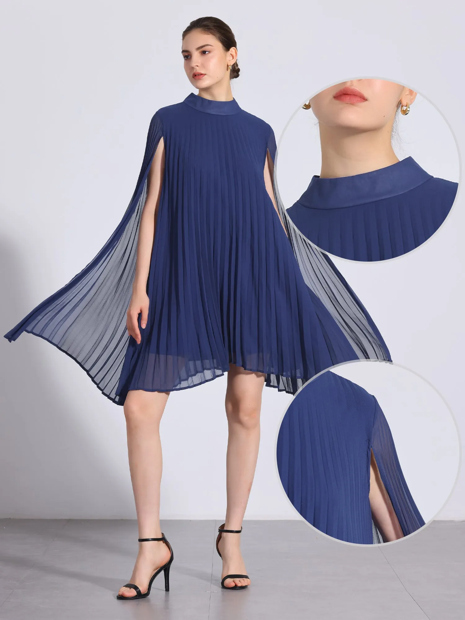 Loose Flowy Cloak Sleeve Cape Pleated Chiffon Mini Dress sold by Allegra K