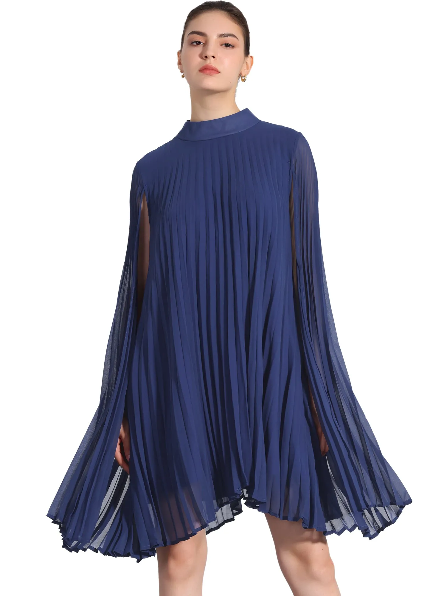 Loose Flowy Cloak Sleeve Cape Pleated Chiffon Mini Dress sold by Allegra K product image thumbnail 5