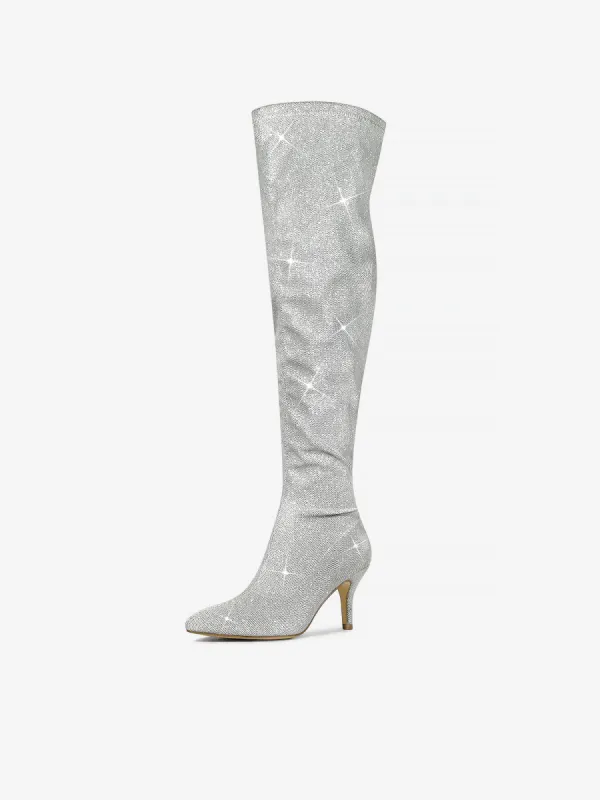 Glitter Pointed Toe Stiletto Heel Over the Knee High Boot sold by Allegra K