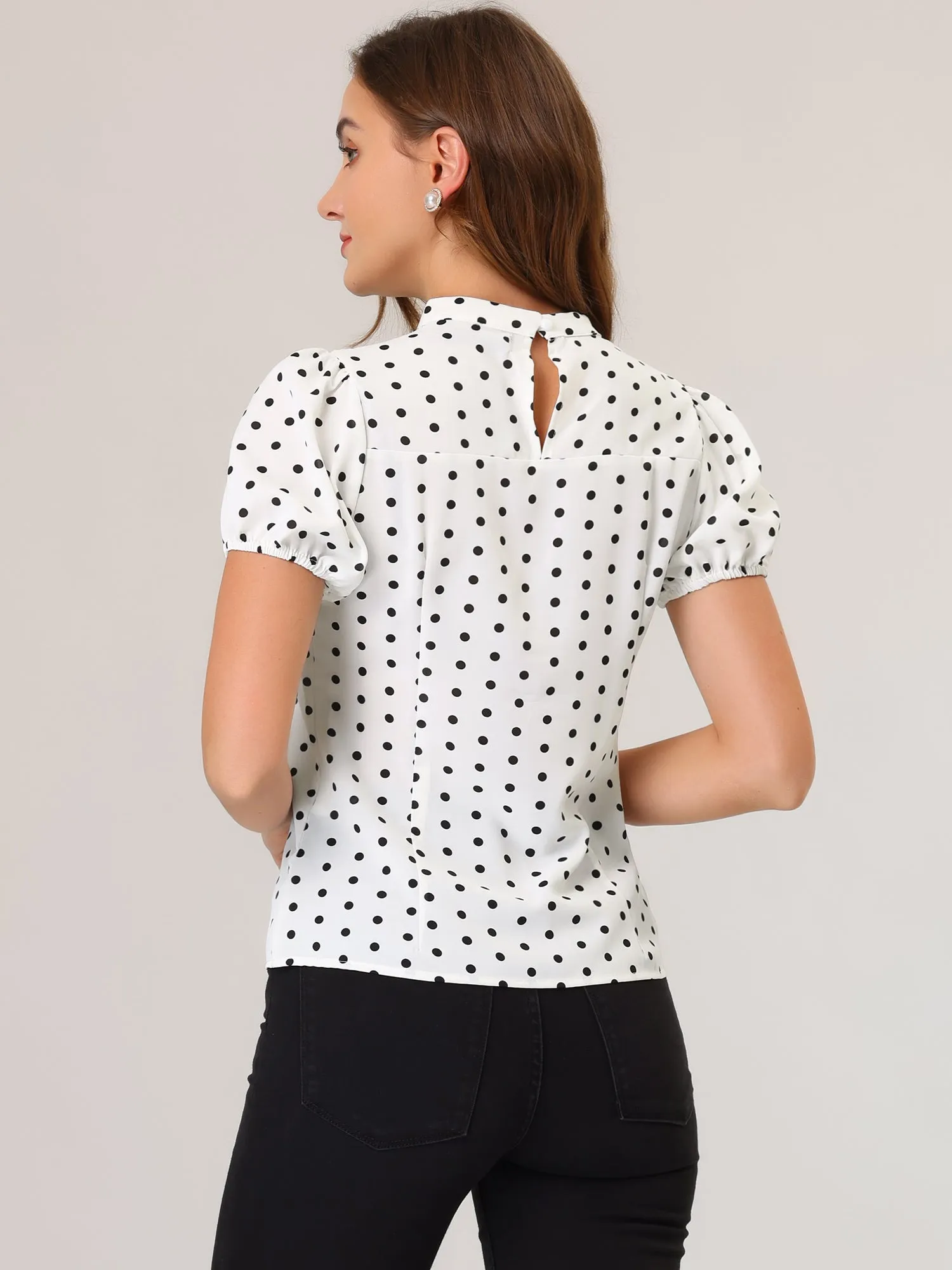 Vintage Polka Dots Puff Sleeve Twist Neck Keyhole Blouse Tops sold by Allegra K product image thumbnail 4