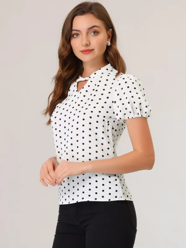 Vintage Polka Dots Puff Sleeve Twist Neck Keyhole Blouse Tops sold by Allegra K