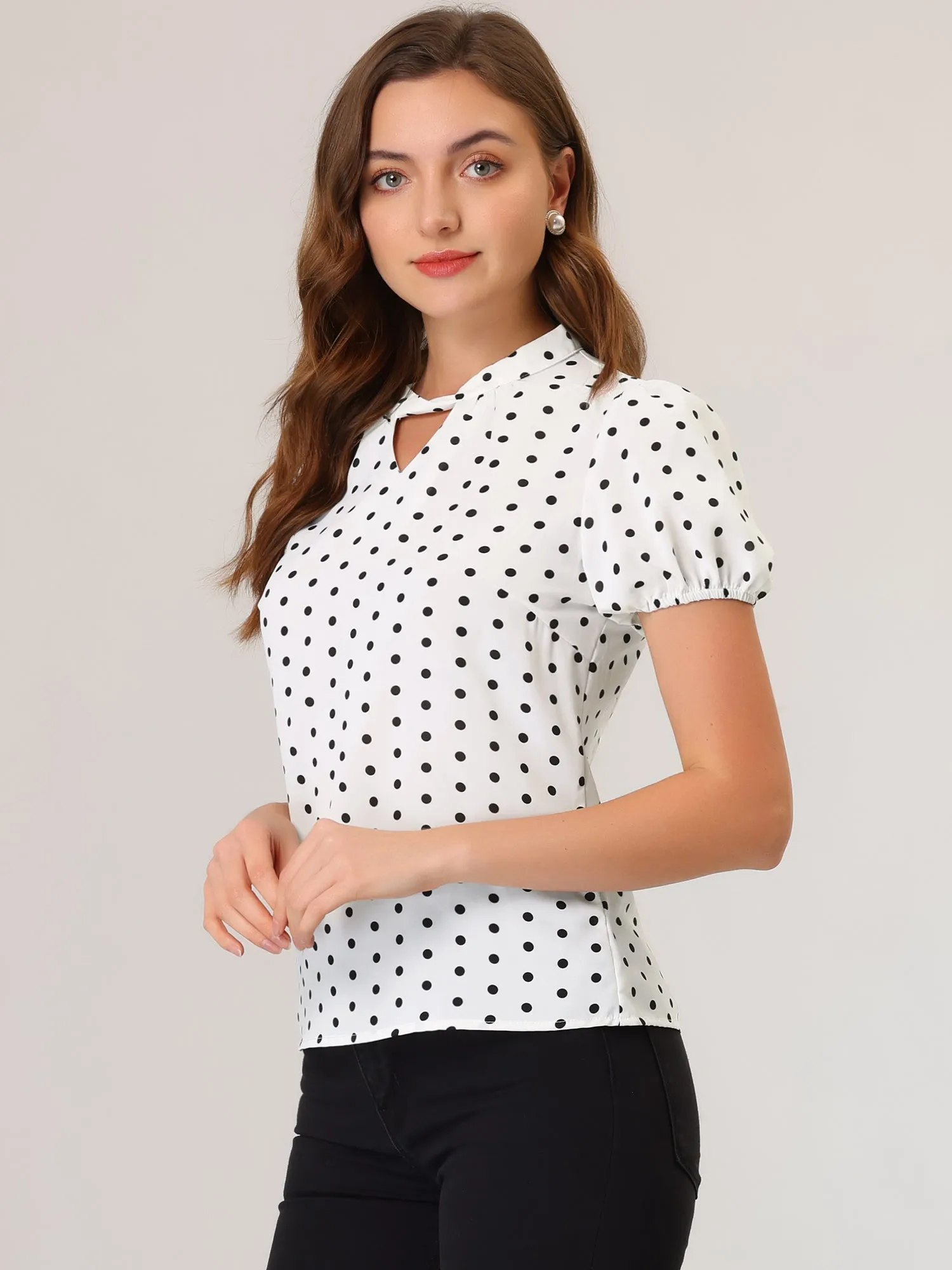 Vintage Polka Dots Puff Sleeve Twist Neck Keyhole Blouse Tops sold by Allegra K