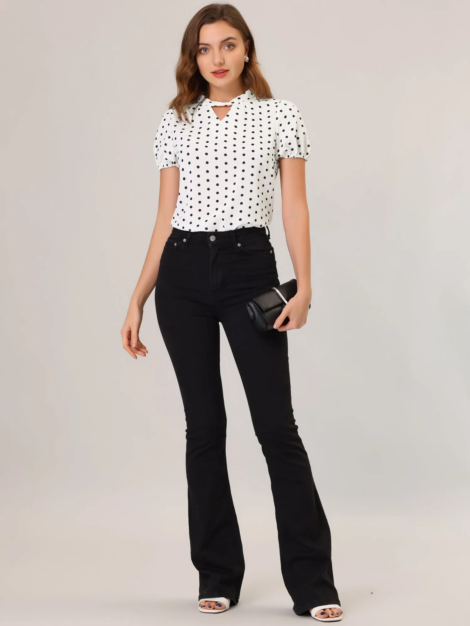 Vintage Polka Dots Puff Sleeve Twist Neck Keyhole Blouse Tops sold by Allegra K product image thumbnail 3