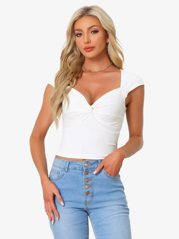 Cap Sleeve Ribbed Knit Slim Fit Twist Knot Crop Top sold by Allegra K