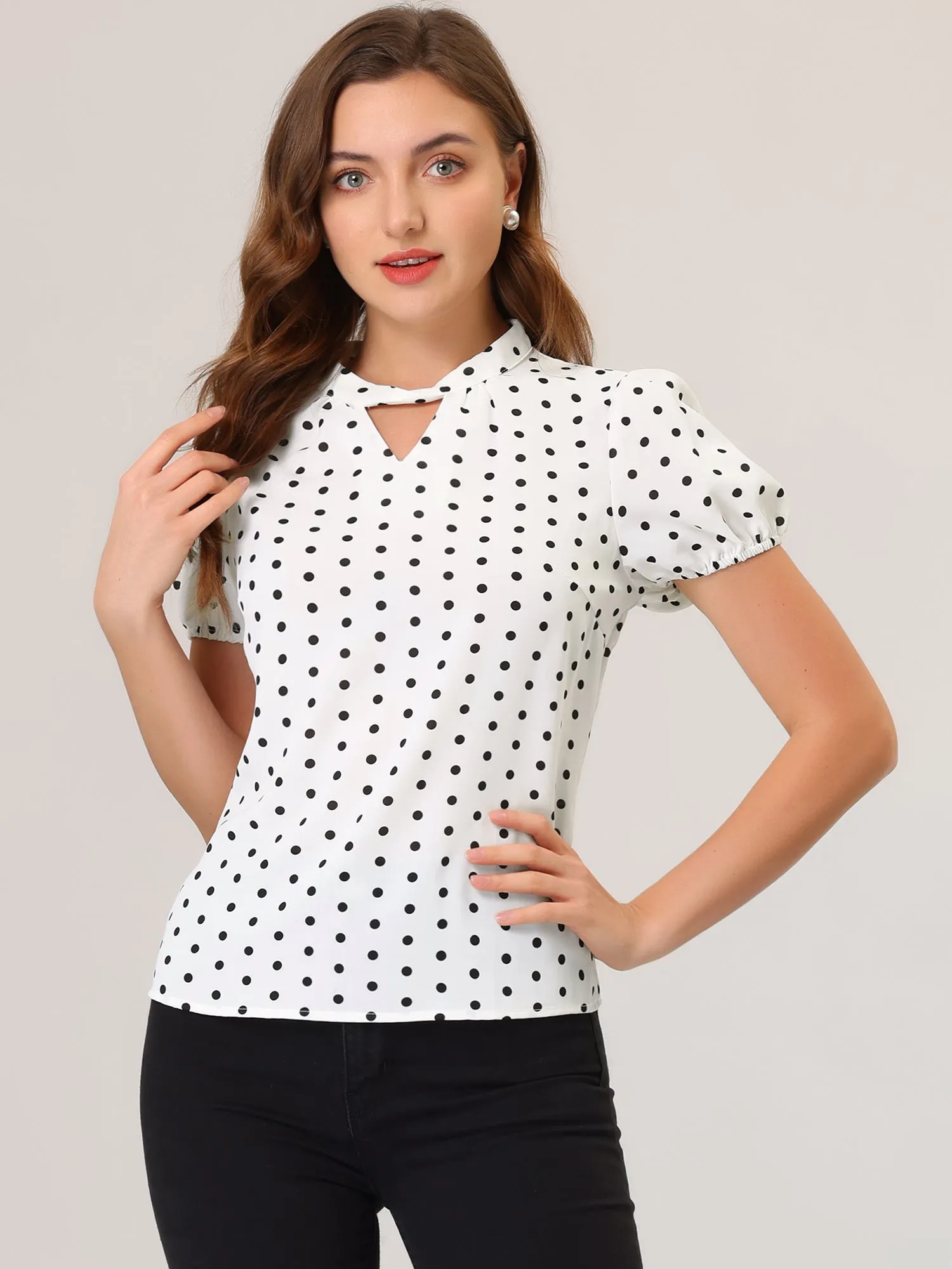 Vintage Polka Dots Puff Sleeve Twist Neck Keyhole Blouse Tops sold by Allegra K product image thumbnail 2