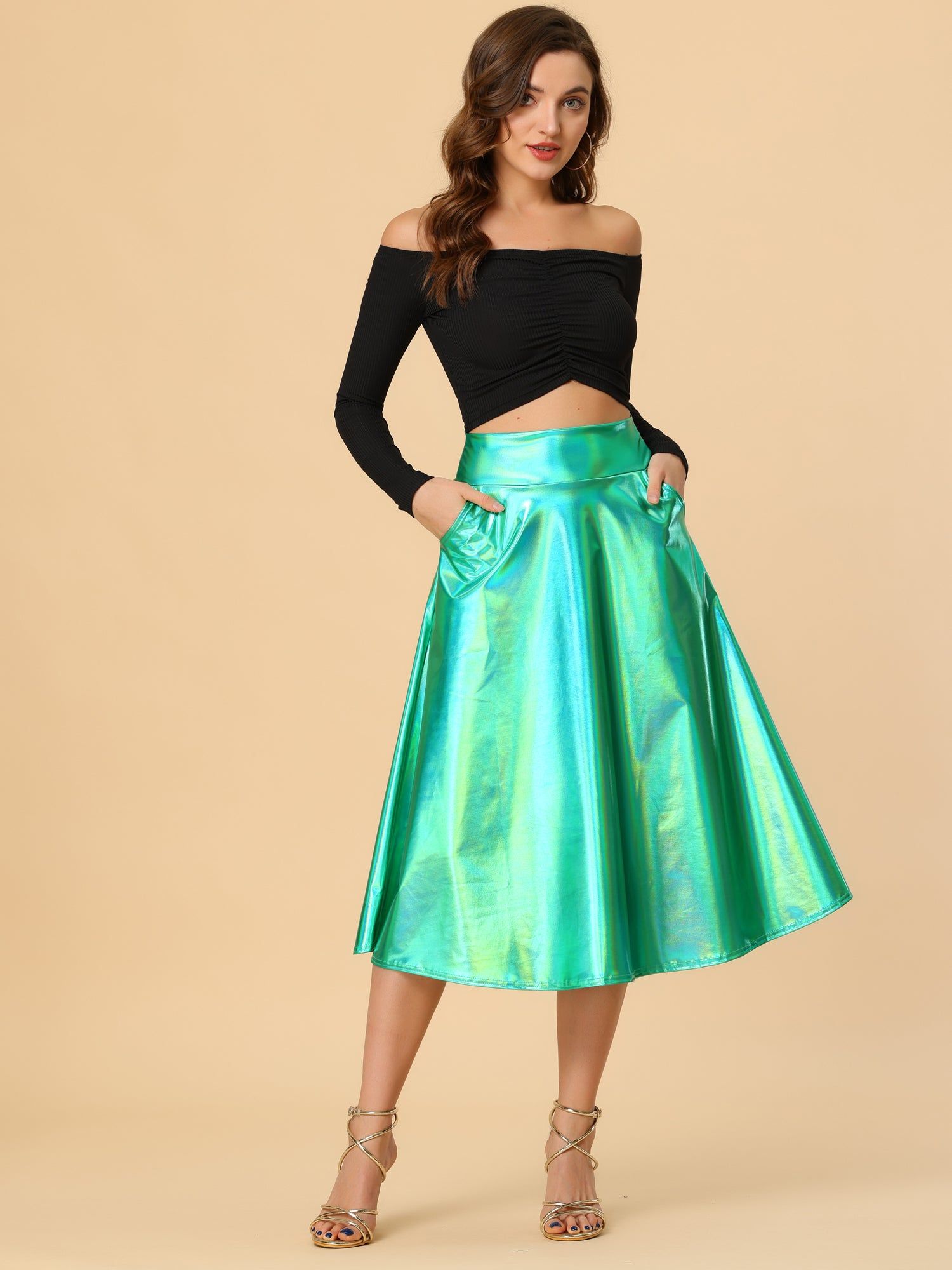 Metallic High Waist Flared Pleated Sparkle Holographic Midi Skirt sold by Allegra K product image thumbnail 2