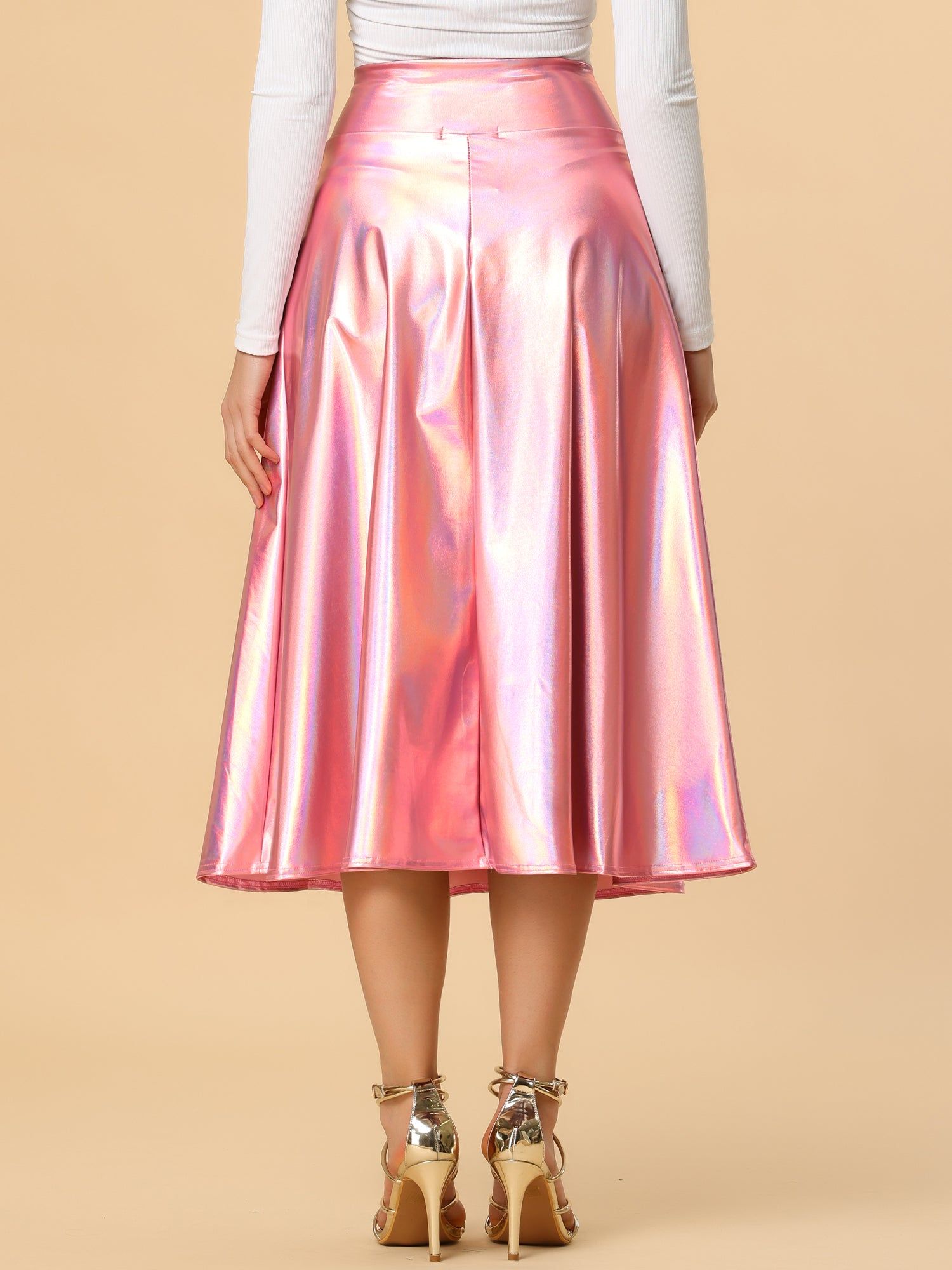 Metallic High Waist Flared Pleated Sparkle Holographic Midi Skirt sold by Allegra K product image thumbnail 3