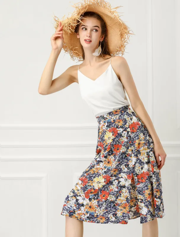 Boho Floral High Waist Split A Line Midi Skirt sold by Allegra K