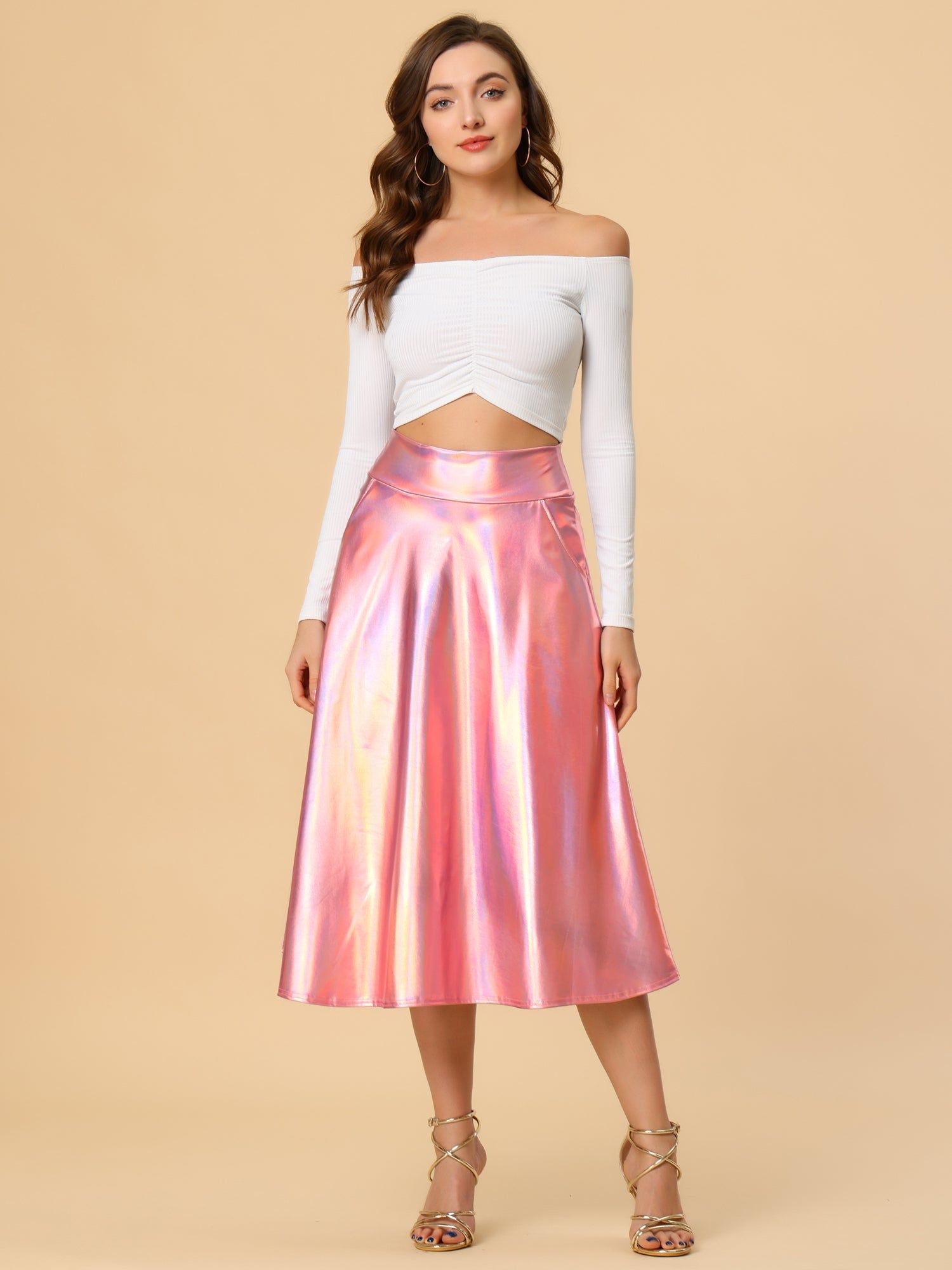 Metallic High Waist Flared Pleated Sparkle Holographic Midi Skirt sold by Allegra K product image thumbnail 5