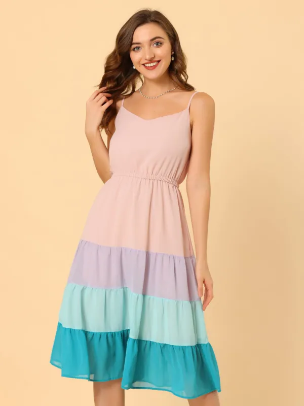 Summer Spaghetti Strap V Neck Flowy Swing Chiffon Midi Dress Sundress sold by Allegra K