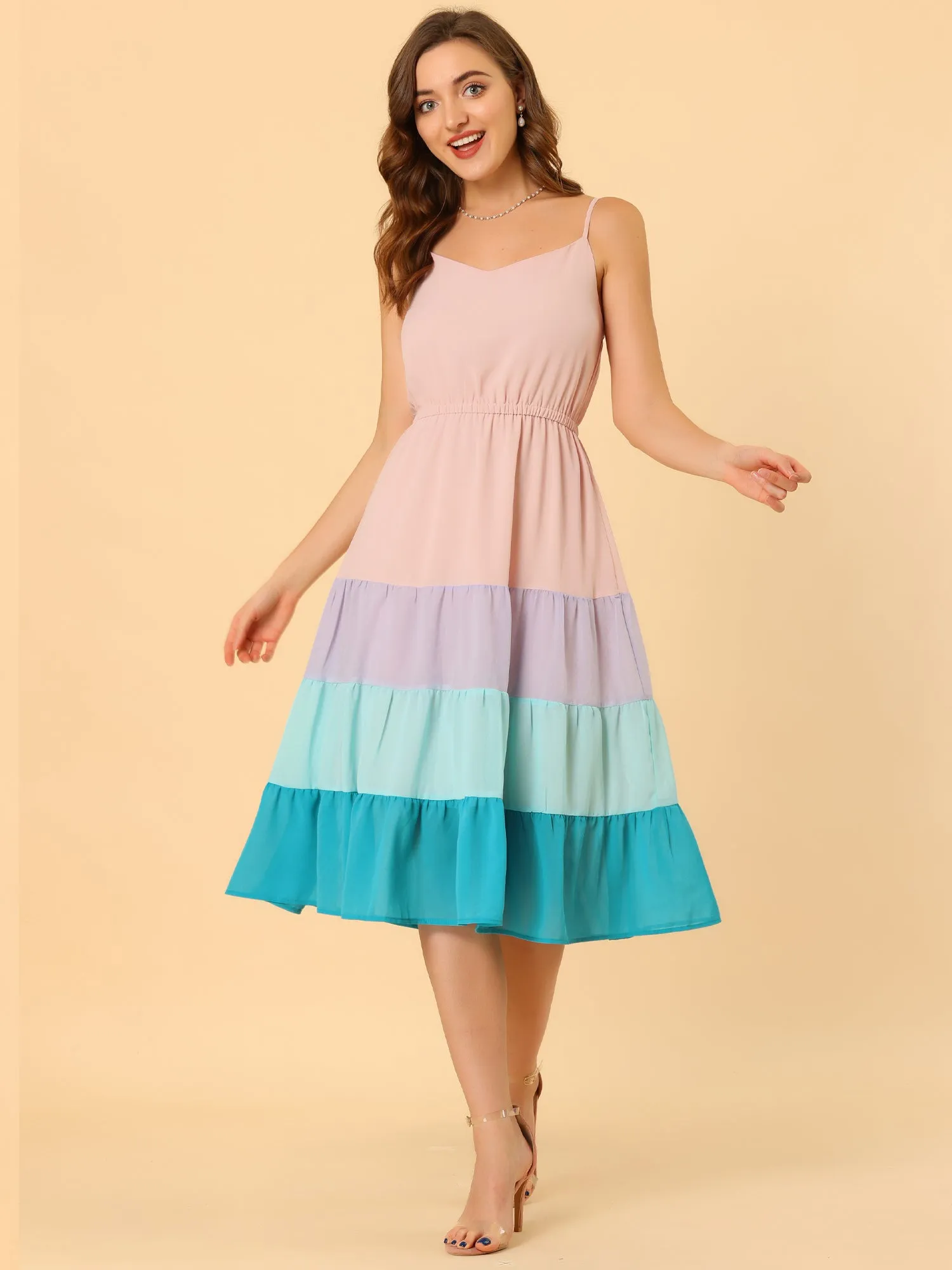 Summer Spaghetti Strap V Neck Flowy Swing Chiffon Midi Dress Sundress sold by Allegra K product image thumbnail 2