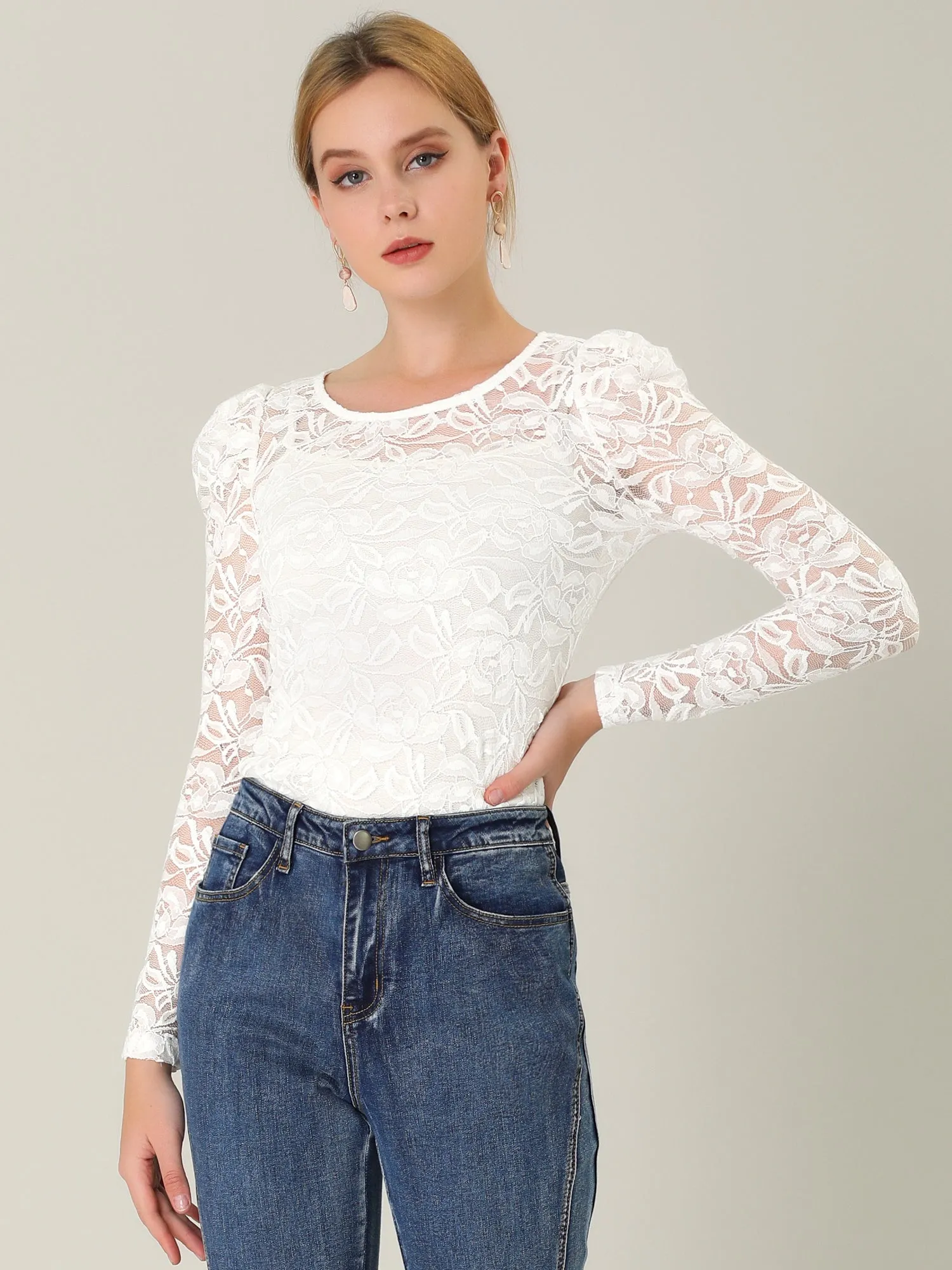Retro Semi Sheer Puff Long Sleeve Embroidery Lace Blouse sold by Allegra K