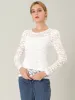 Retro Semi Sheer Puff Long Sleeve Embroidery Lace Blouse sold by Allegra K