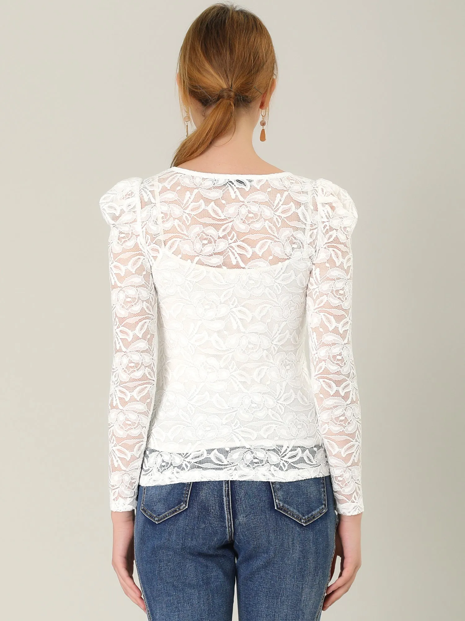 Retro Semi Sheer Puff Long Sleeve Embroidery Lace Blouse sold by Allegra K product image thumbnail 4