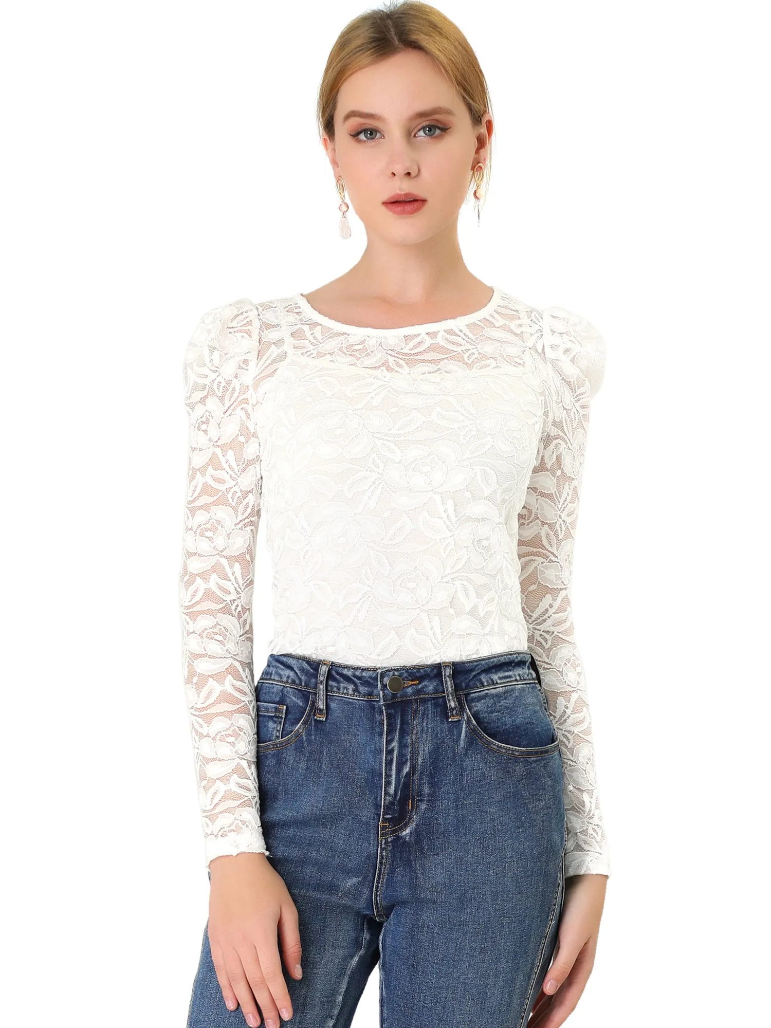 Retro Semi Sheer Puff Long Sleeve Embroidery Lace Blouse sold by Allegra K product image thumbnail 2