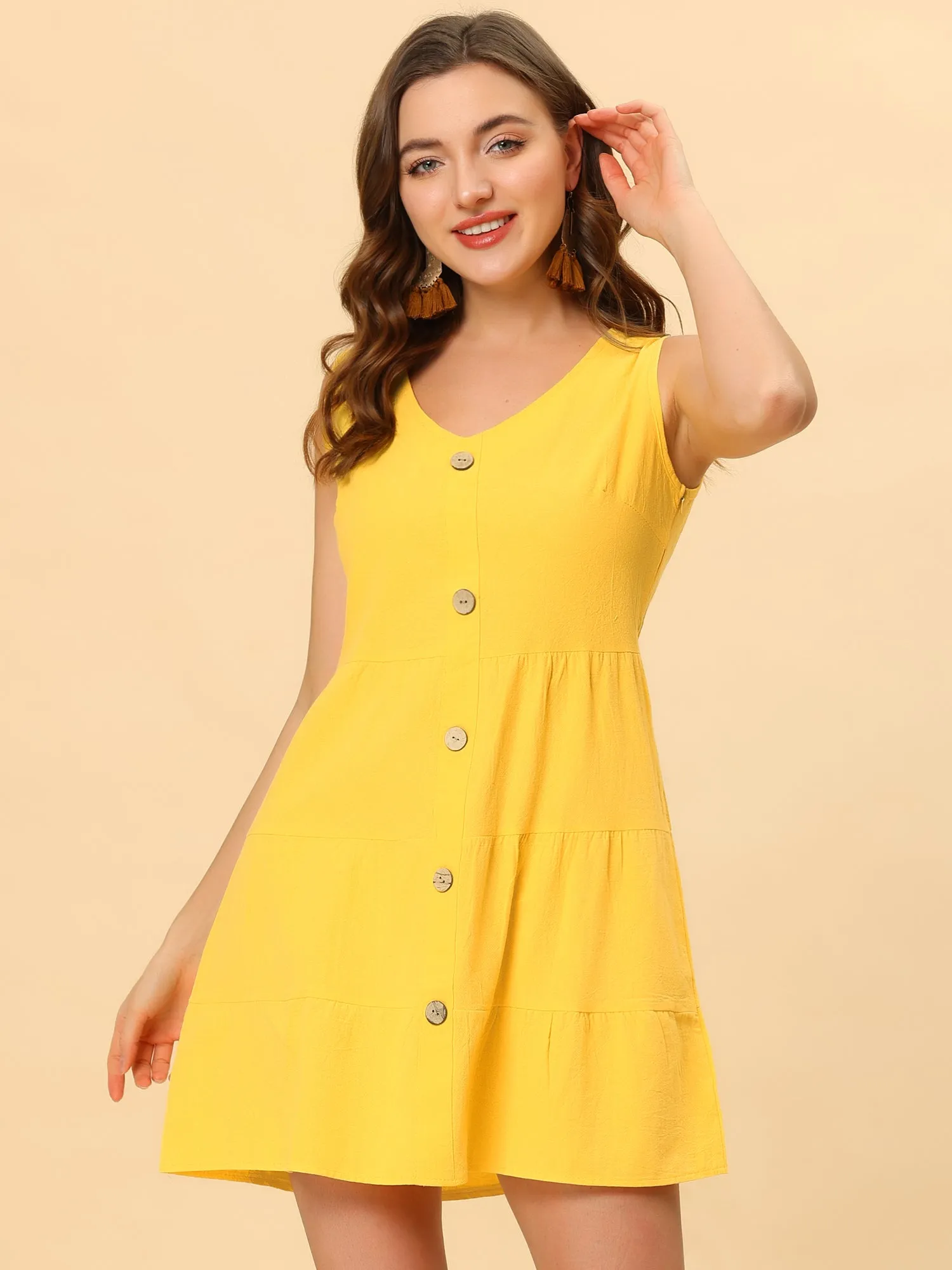 Sleeveless Button Decor V Neck Pleated Swing Dress Sundress sold by Allegra K product image thumbnail 2