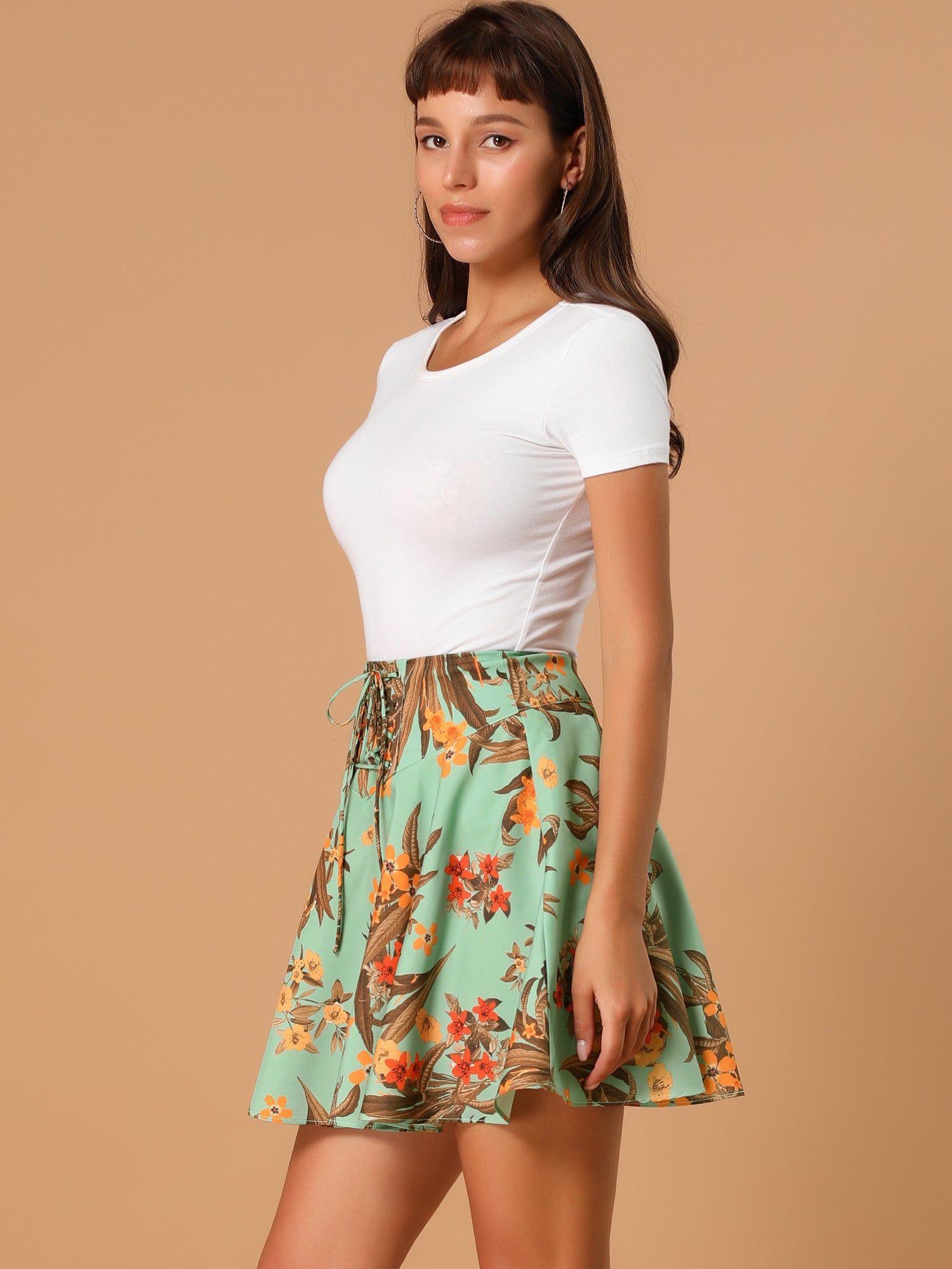 Tropical Floral Swing High Waist Mini Lace Up Skater Skirt sold by Allegra K