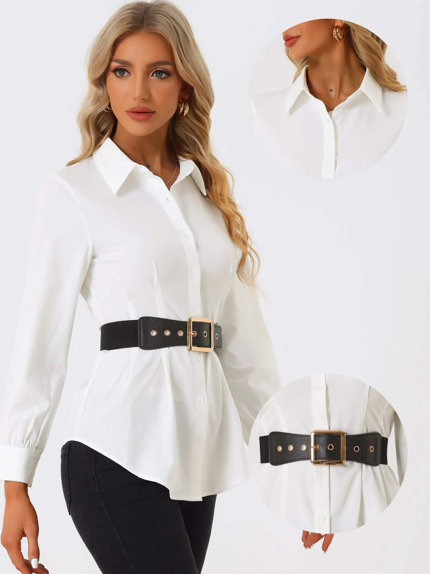 Office Belt Cinched Waist Long Sleeve Button Up Shirt sold by Allegra K product image thumbnail 2