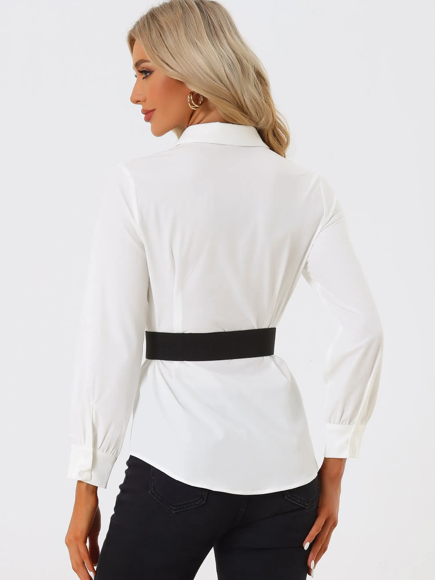Office Belt Cinched Waist Long Sleeve Button Up Shirt sold by Allegra K product image thumbnail 3