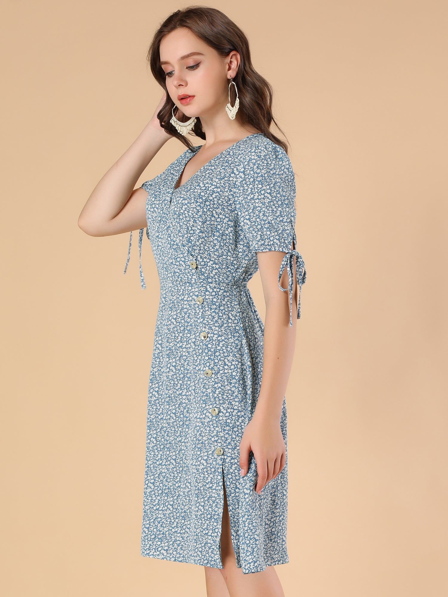 Midi Wrap V Neck Buttons Decor A-line Ditsy Floral Dress sold by Allegra K product image thumbnail 3