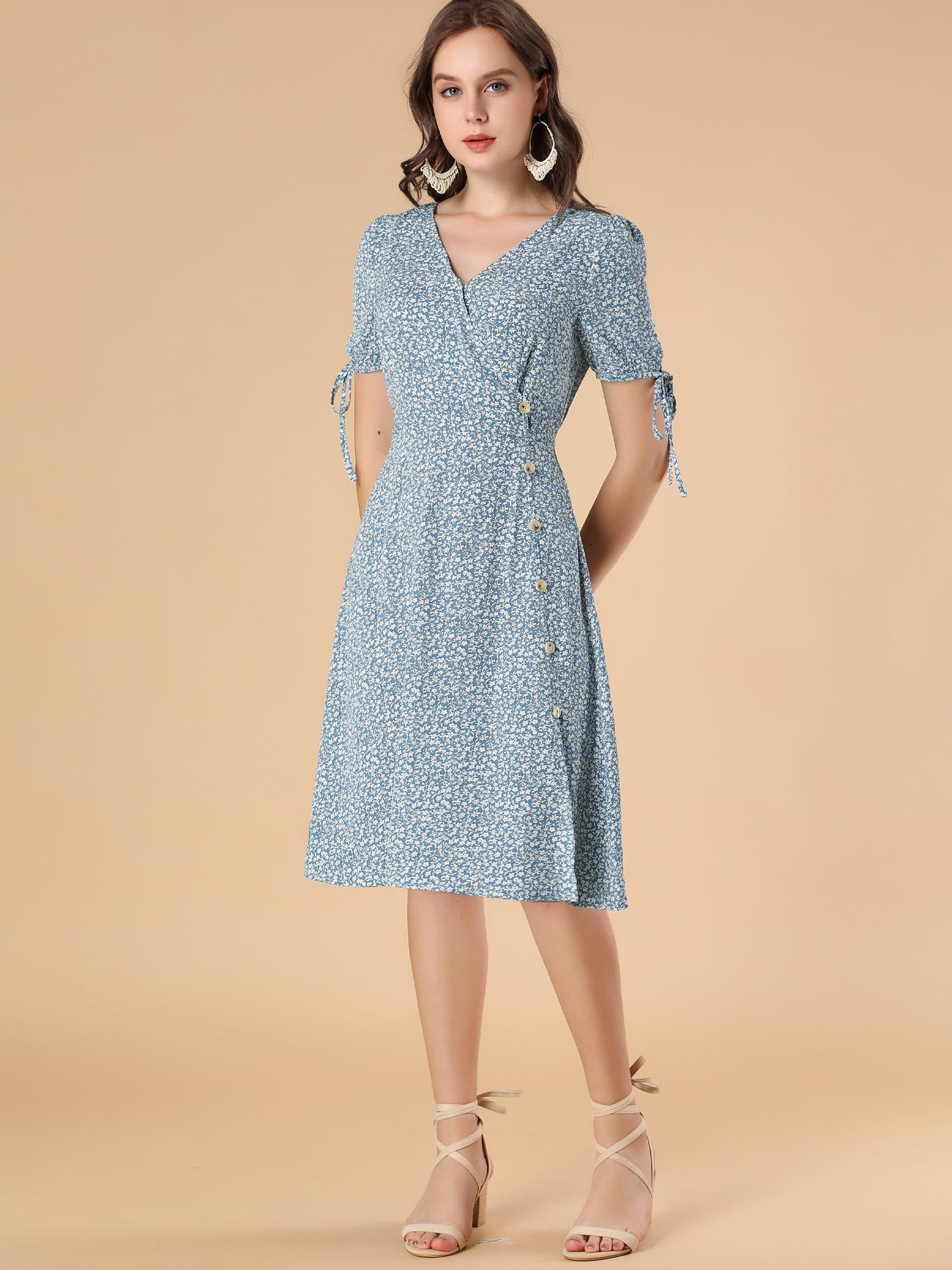 Midi Wrap V Neck Buttons Decor A-line Ditsy Floral Dress sold by Allegra K product image thumbnail 2