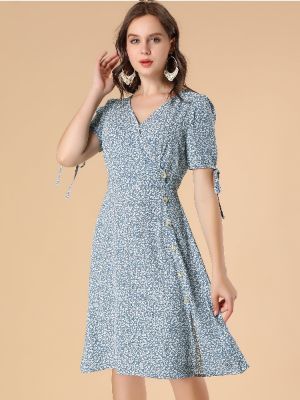 Midi Wrap V Neck Buttons Decor A-line Ditsy Floral Dress sold by Allegra K