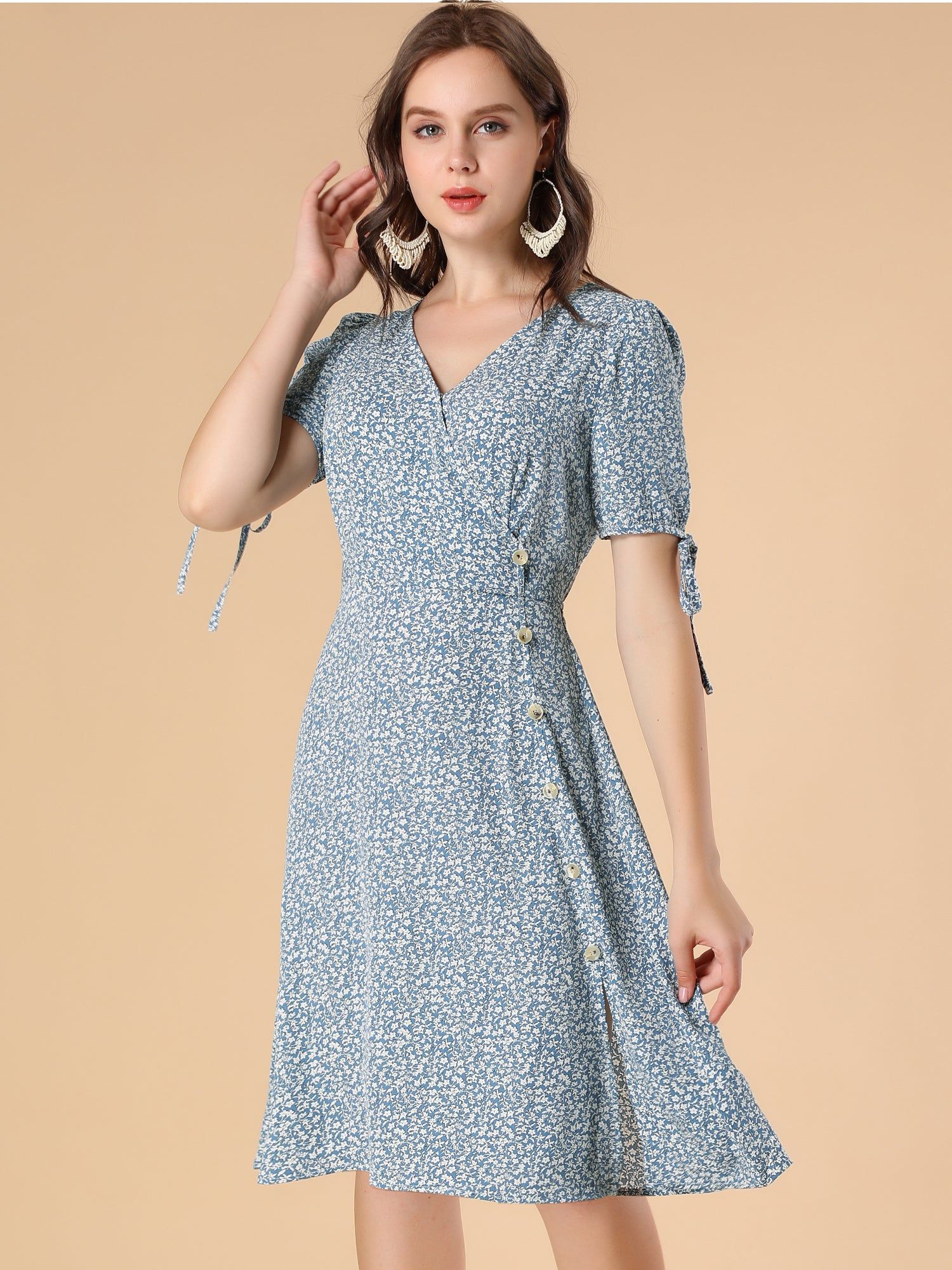 Midi Wrap V Neck Buttons Decor A-line Ditsy Floral Dress sold by Allegra K