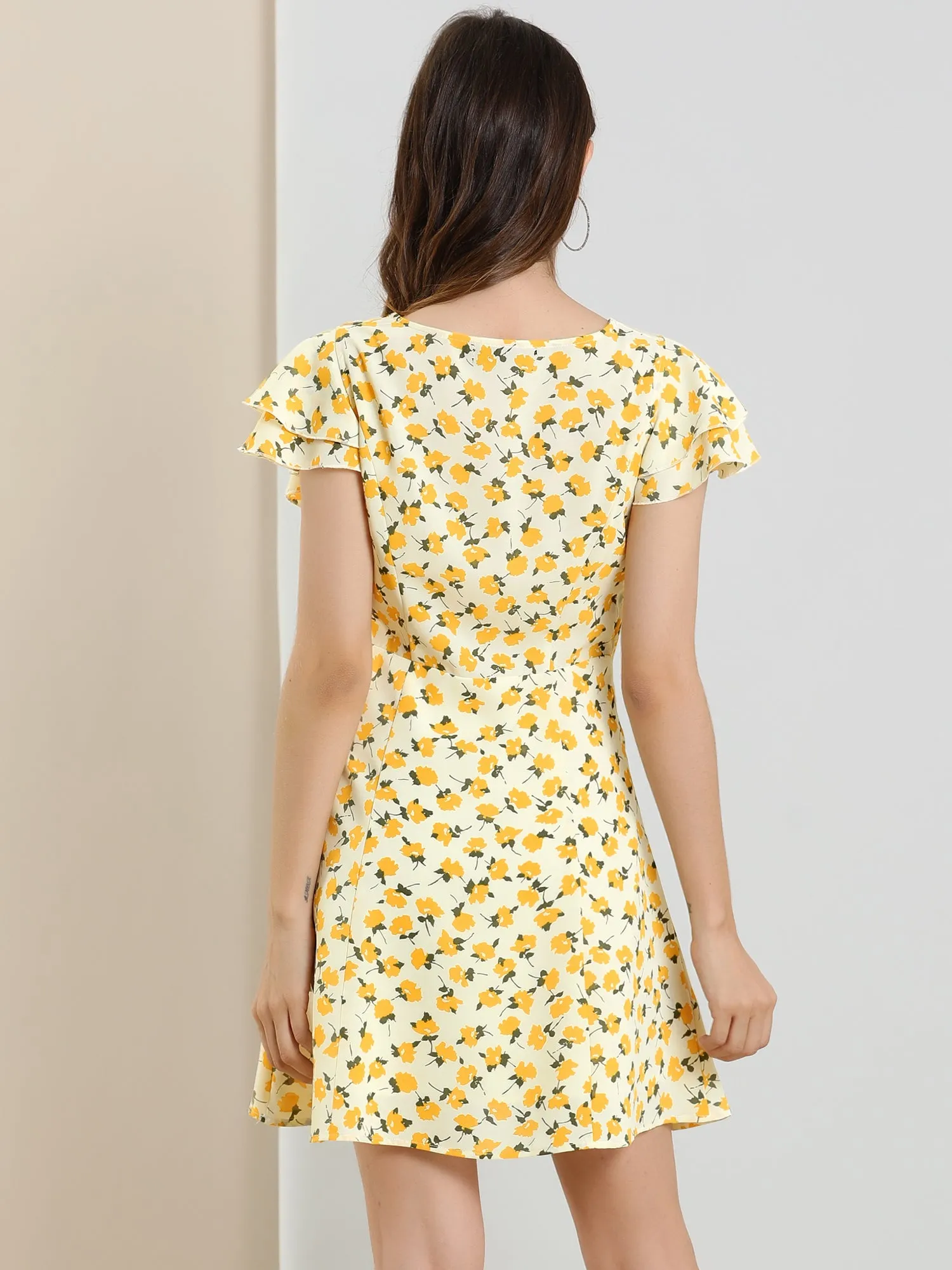 Casual Ruffled Sleeve Pleated Square Neck Floral Dress sold by Allegra K product image thumbnail 3