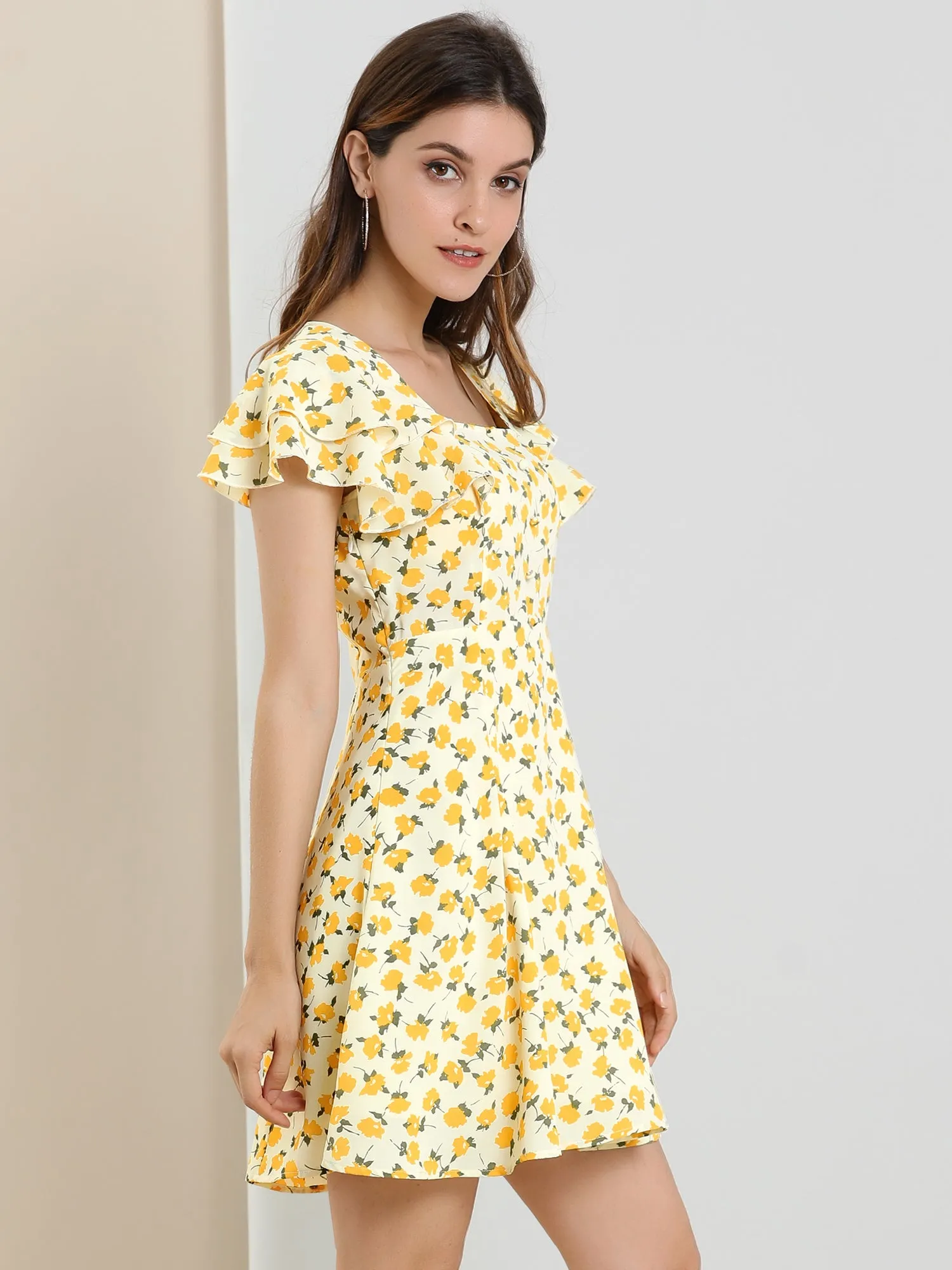 Casual Ruffled Sleeve Pleated Square Neck Floral Dress sold by Allegra K product image thumbnail 4