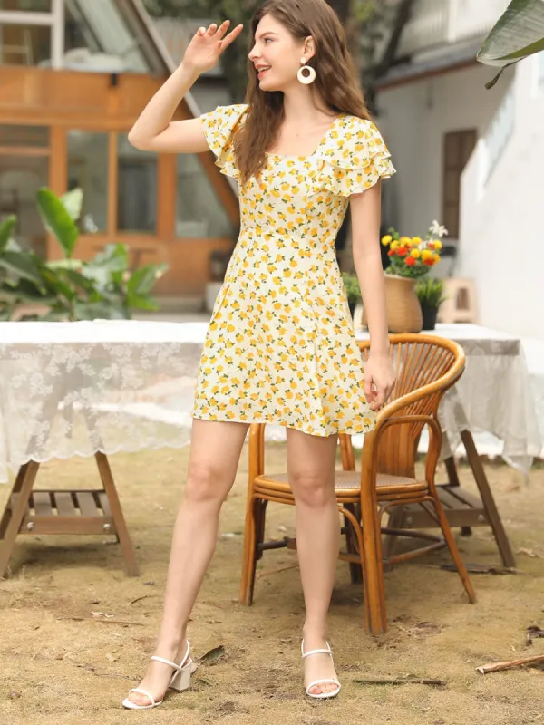 Casual Ruffled Sleeve Pleated Square Neck Floral Dress sold by Allegra K