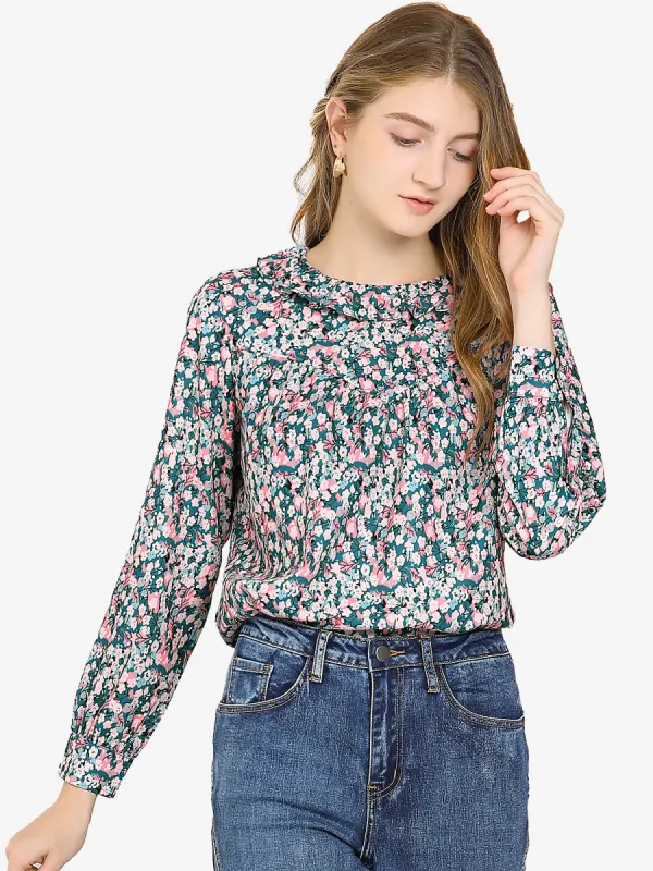 Ruffle Collar Ruched Loose Long Sleeve Chiffon Boho Floral Blouse sold by Allegra K