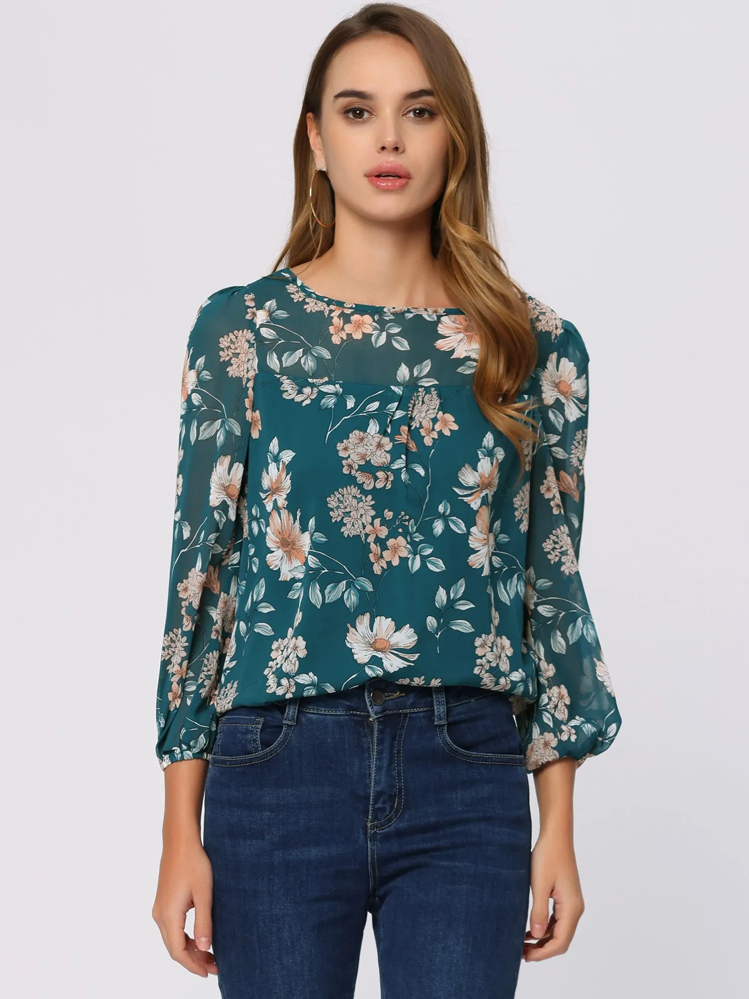 Floral Print Spring Casual Round Neck Long Sleeve Chiffon Blouse sold by Allegra K product image thumbnail 4