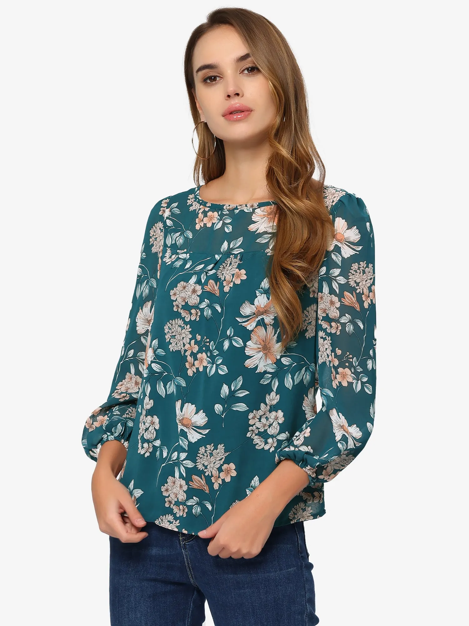 Floral Print Spring Casual Round Neck Long Sleeve Chiffon Blouse sold by Allegra K