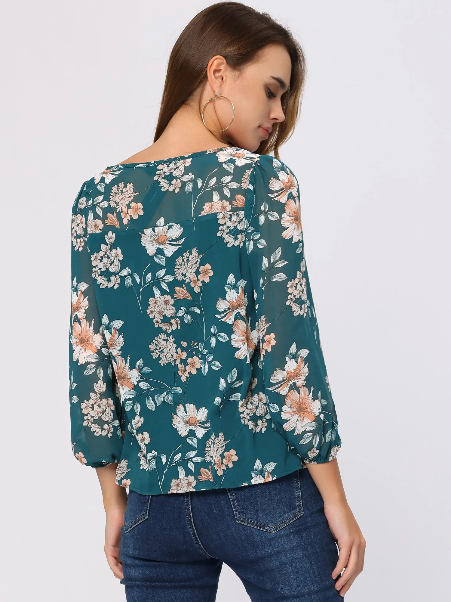 Floral Print Spring Casual Round Neck Long Sleeve Chiffon Blouse sold by Allegra K product image thumbnail 3