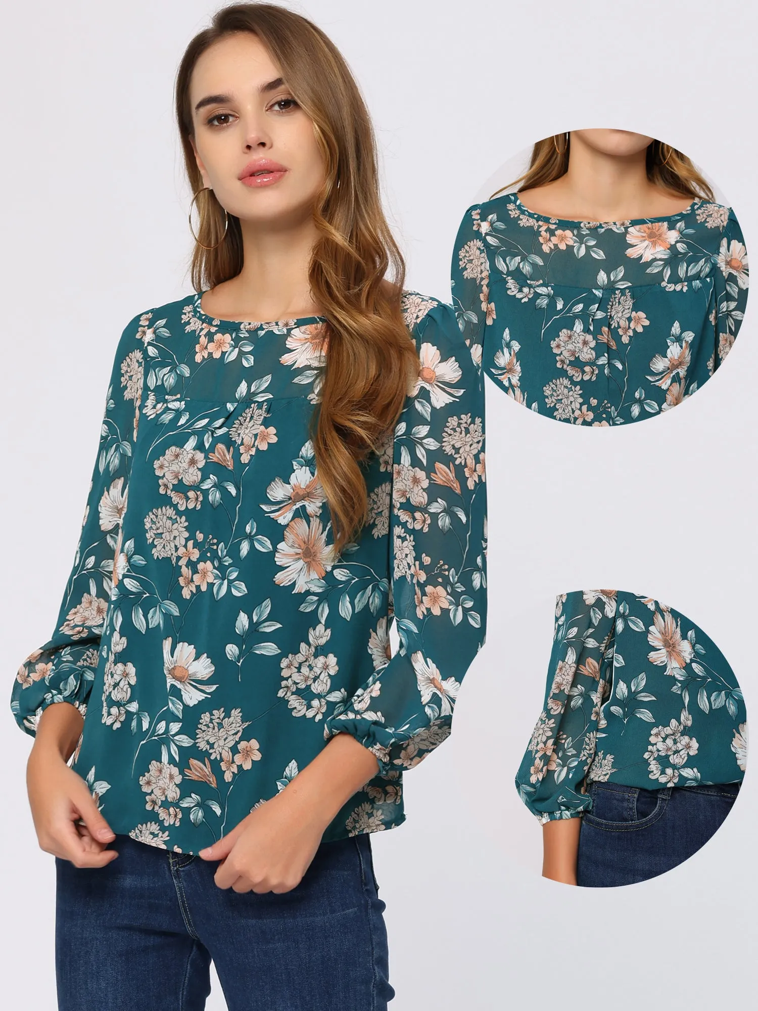 Floral Print Spring Casual Round Neck Long Sleeve Chiffon Blouse sold by Allegra K product image thumbnail 2