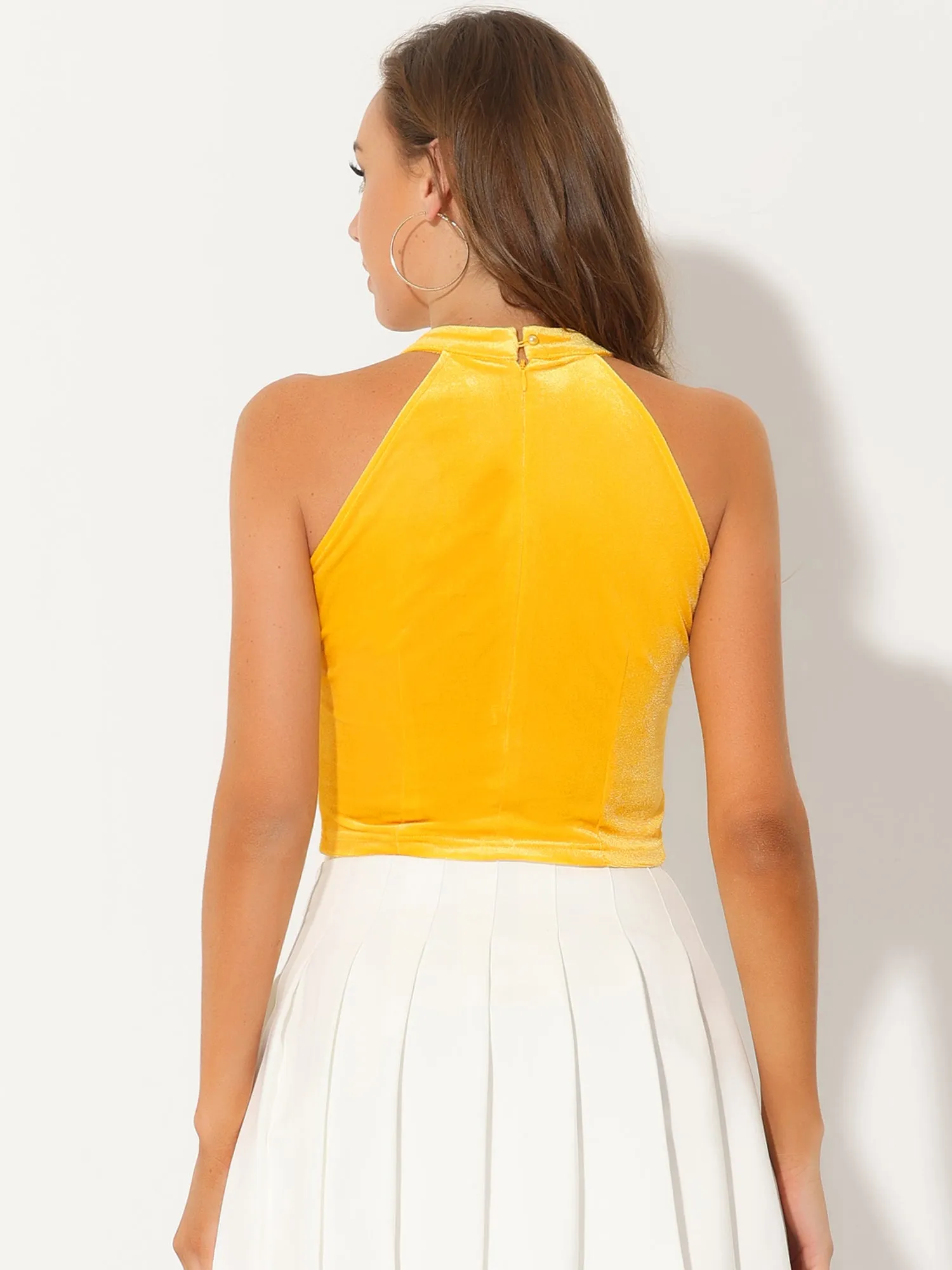 Halter Neck Velvet Velour Basic Layering Party Sleeveless Crop Top sold by Allegra K product image thumbnail 3