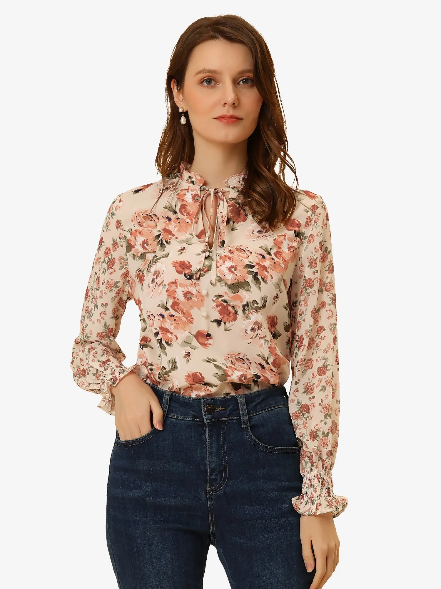 Spring Chiffon Tops Long Sleeve Ruffle Tie Neck Floral Blouse sold by Allegra K