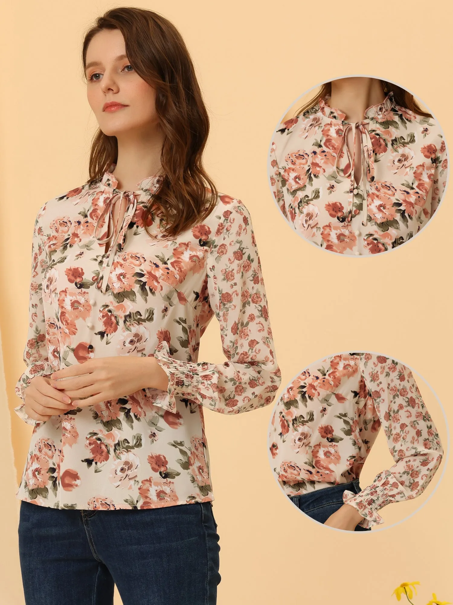 Spring Chiffon Tops Long Sleeve Ruffle Tie Neck Floral Blouse sold by Allegra K product image thumbnail 2