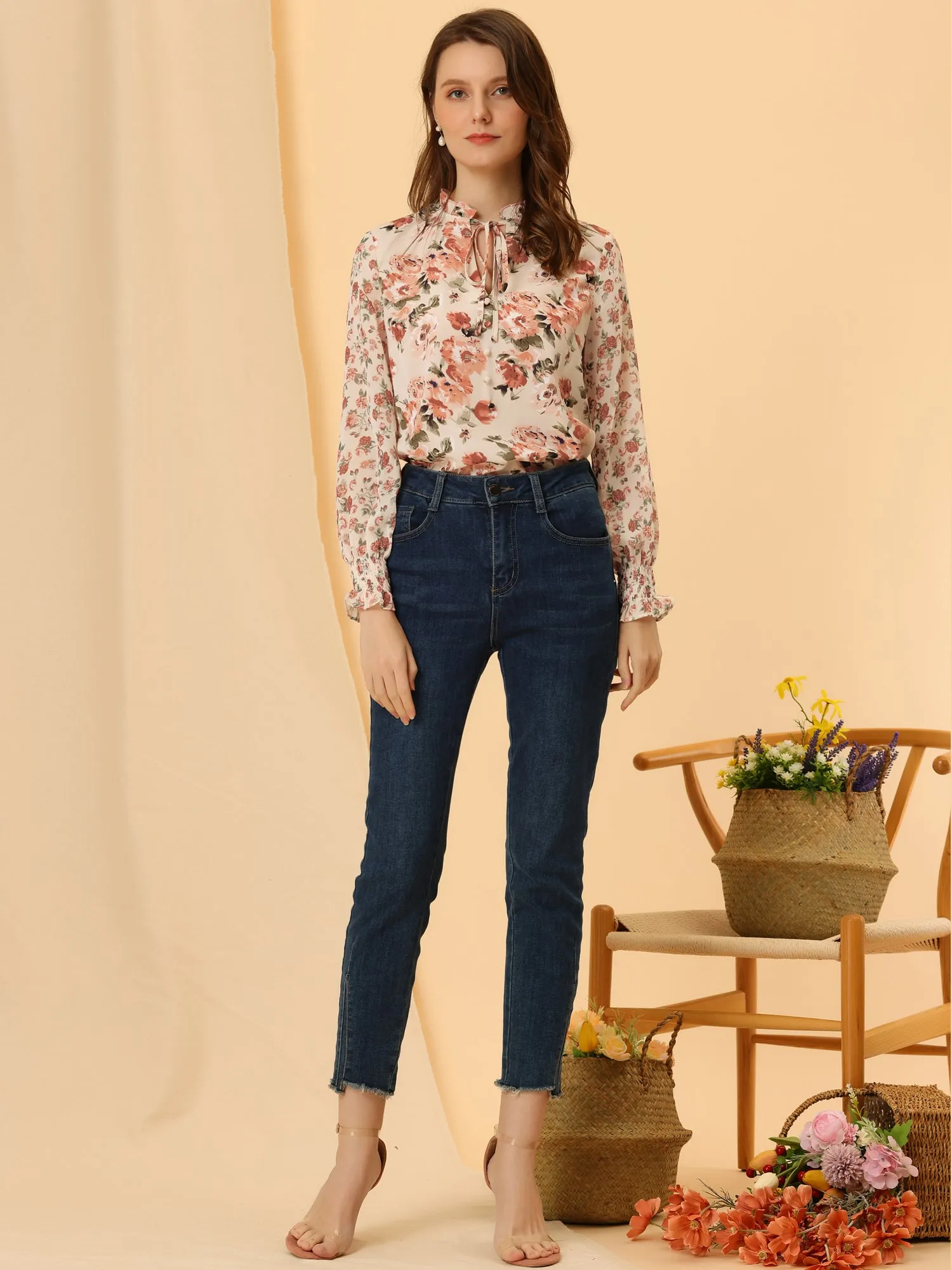 Spring Chiffon Tops Long Sleeve Ruffle Tie Neck Floral Blouse sold by Allegra K product image thumbnail 4
