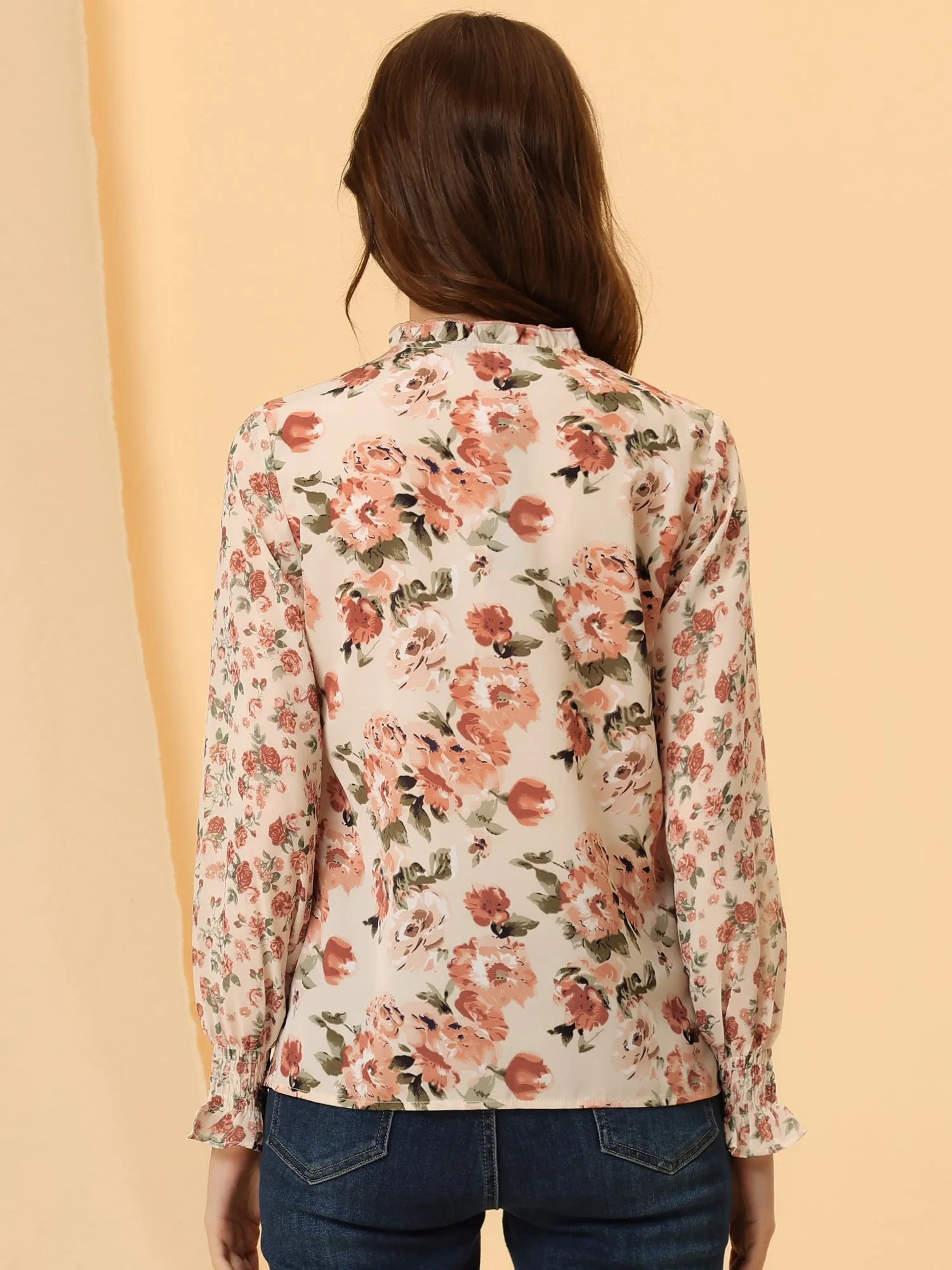 Spring Chiffon Tops Long Sleeve Ruffle Tie Neck Floral Blouse sold by Allegra K product image thumbnail 3