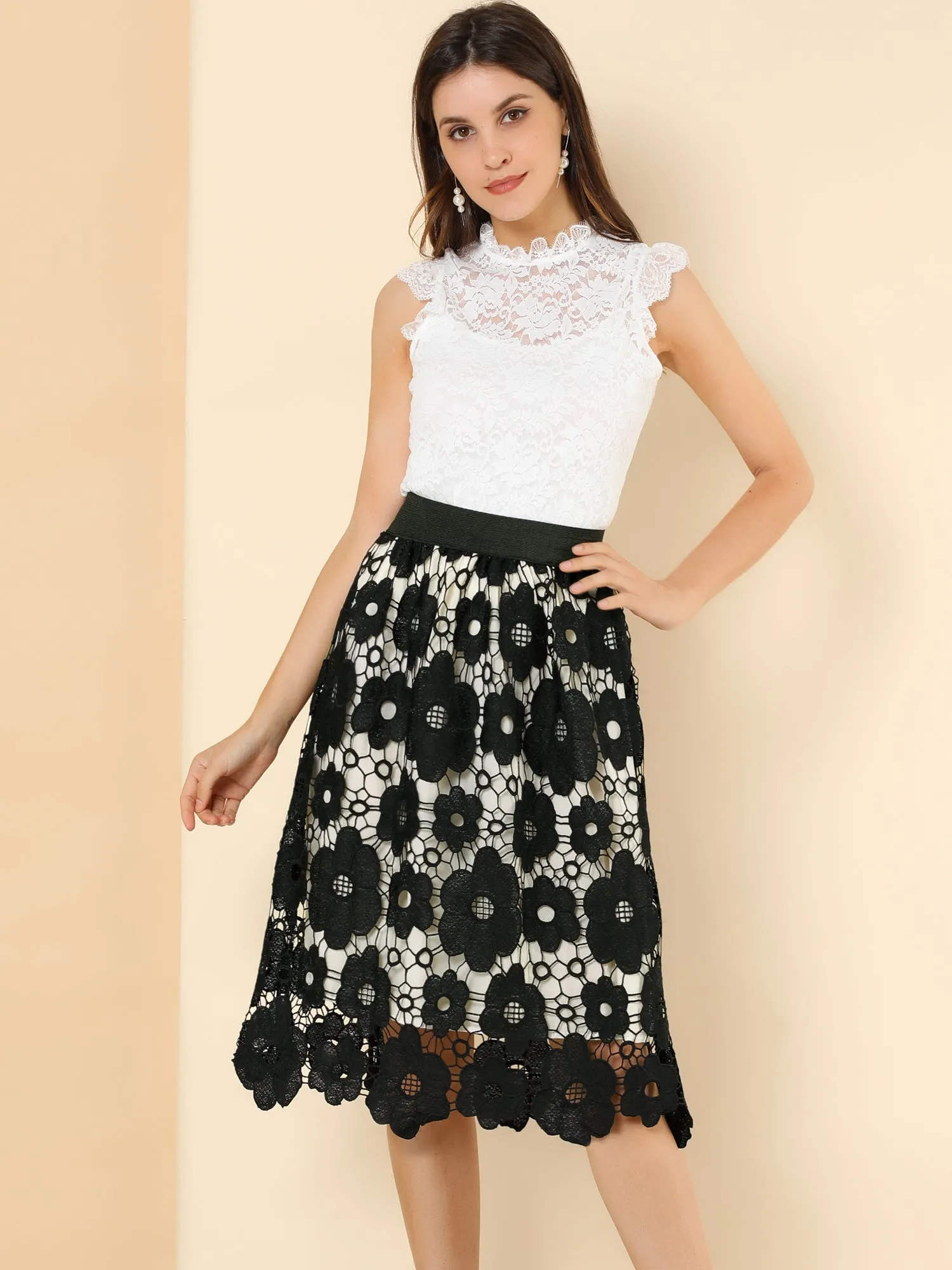 Saint Patrick's Day Elegant Elastic Waist Floral Lace Midi Skirt sold by Allegra K