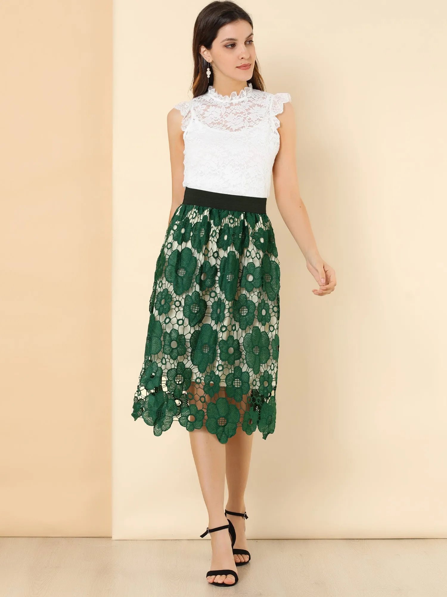 Saint Patrick's Day Elegant Elastic Waist Floral Lace Midi Skirt sold by Allegra K product image thumbnail 4