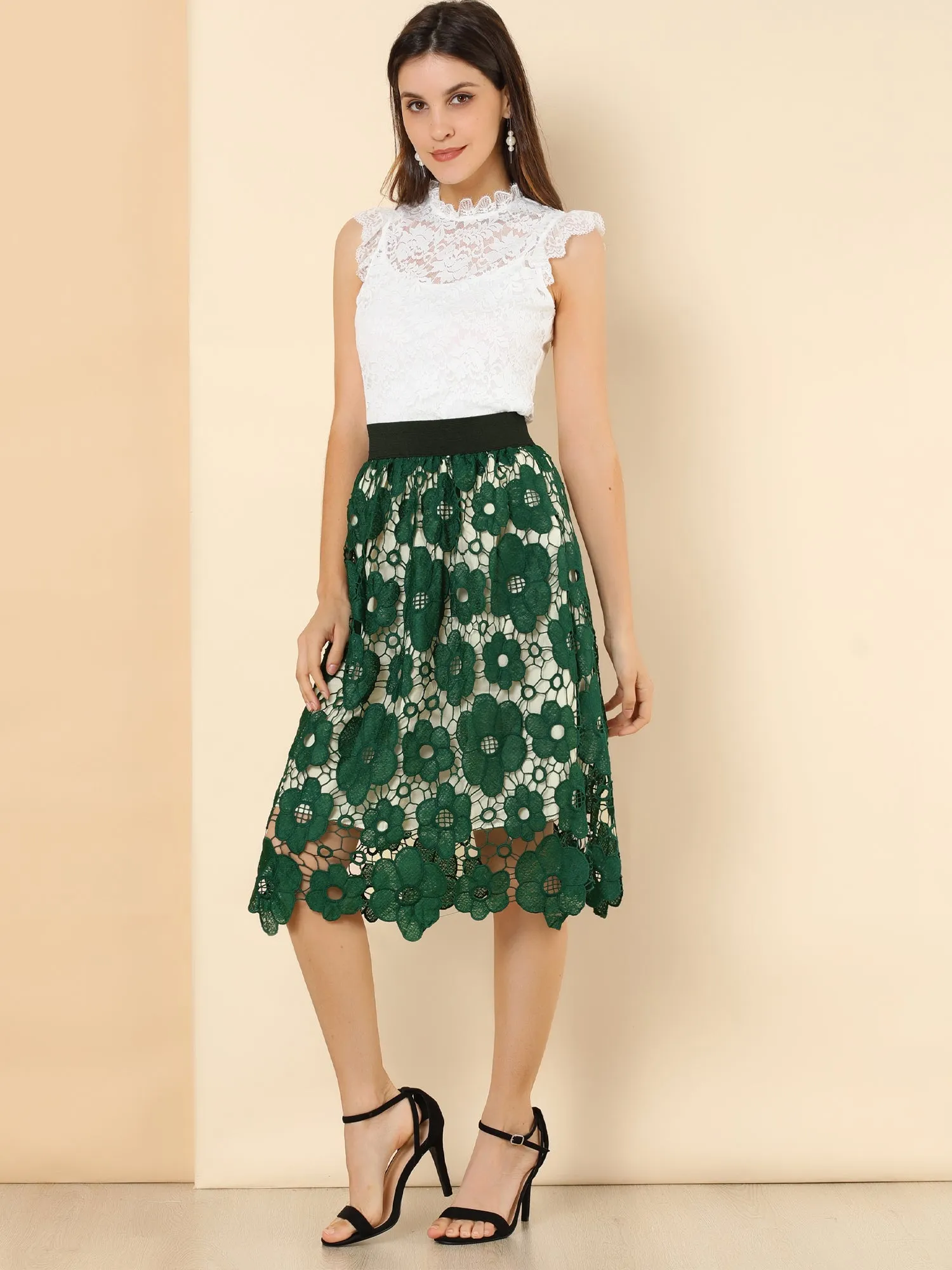 Saint Patrick's Day Elegant Elastic Waist Floral Lace Midi Skirt sold by Allegra K product image thumbnail 2