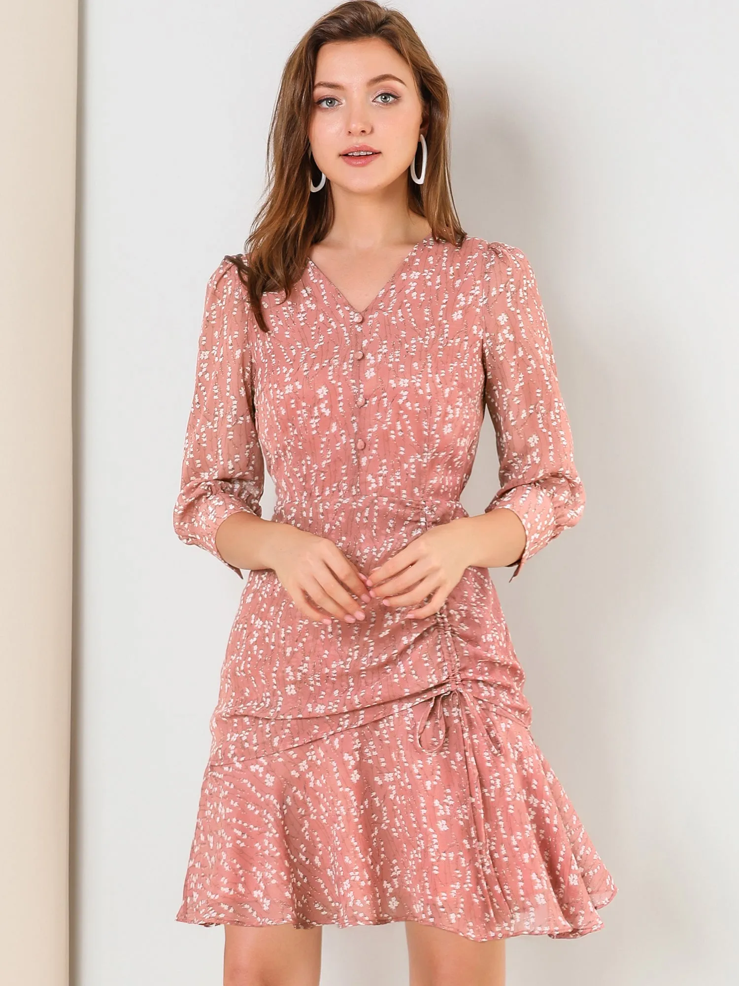 3/4 Sleeve Ruffle Hem Buttons Decor Drawstring Ruched Chiffon Dress sold by Allegra K