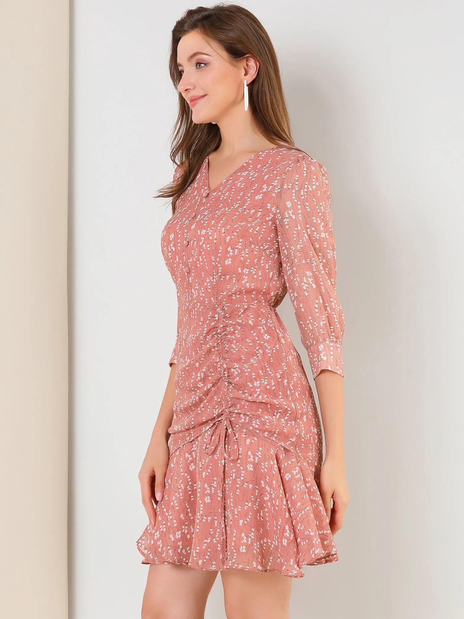 3/4 Sleeve Ruffle Hem Buttons Decor Drawstring Ruched Chiffon Dress sold by Allegra K product image thumbnail 3