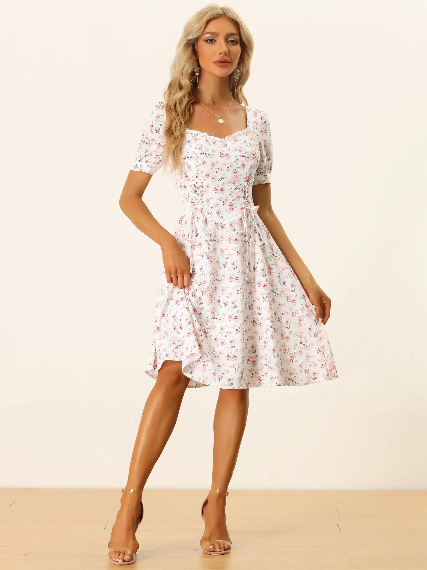 Summer Waist Lace Up Short Sleeve Floral Ruffle A-Line Midi Dress sold by Allegra K
